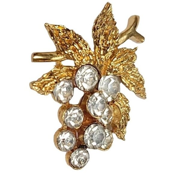 Trifari Crown Goldtone Clear Rhinestone Grape Cluster Brooch Pin